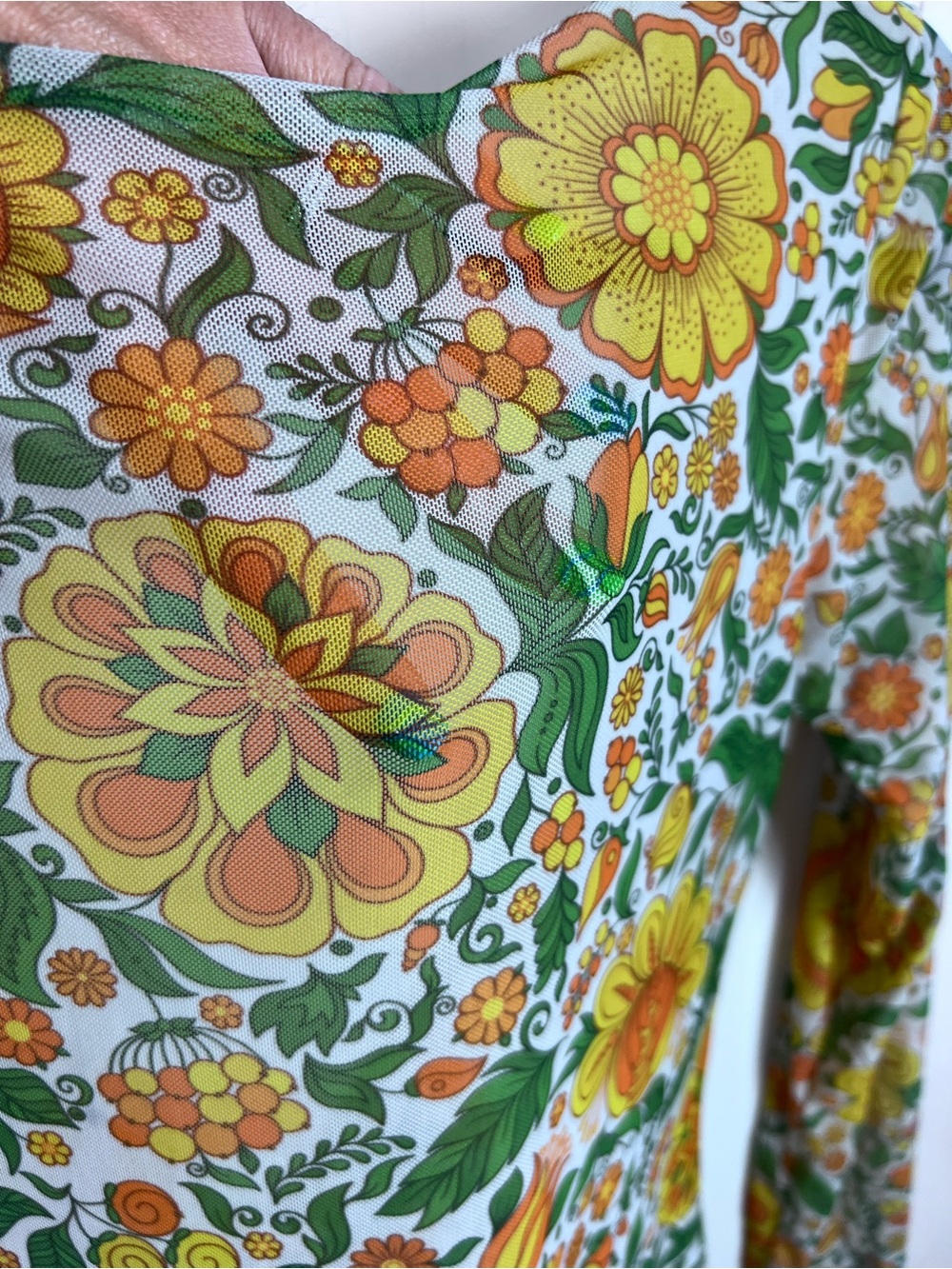 Retro Hippie Mesh Floral Long-Sleeve Mini Sheer Dress Deep V Back - Picture 6 of 14